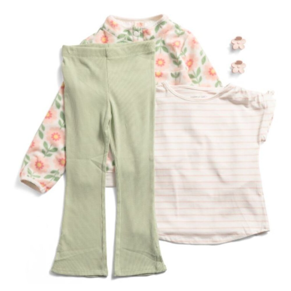 NWT HAPPILY GREY Toddler Girls 4pc Floral Fleece Jacket Pants Top Hair Clips Set